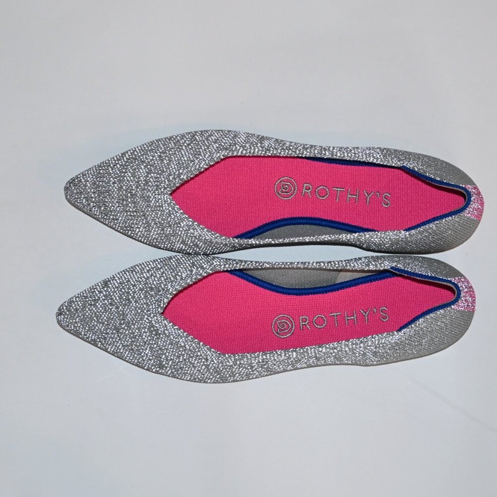 Rothy's Silver Pointed Toe Flats with Bright Pink Insoles
